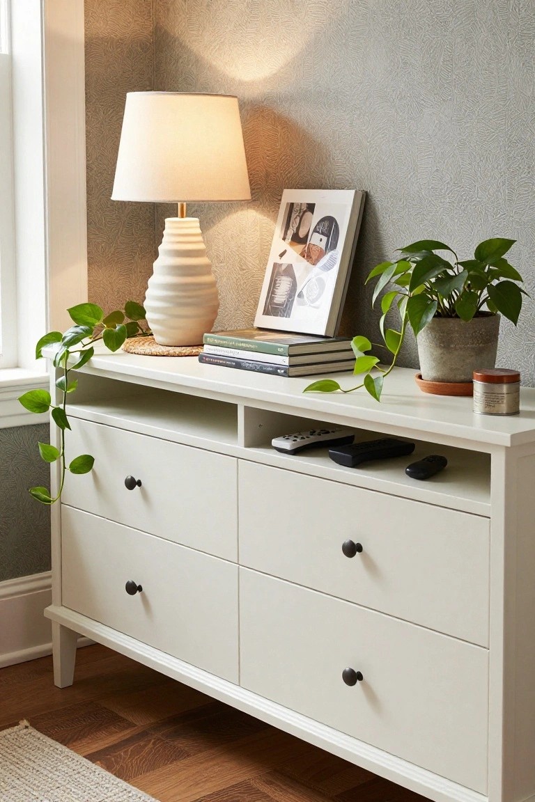 White dresser with drawers, lamp, plant, books, and remotes against patterned wall.