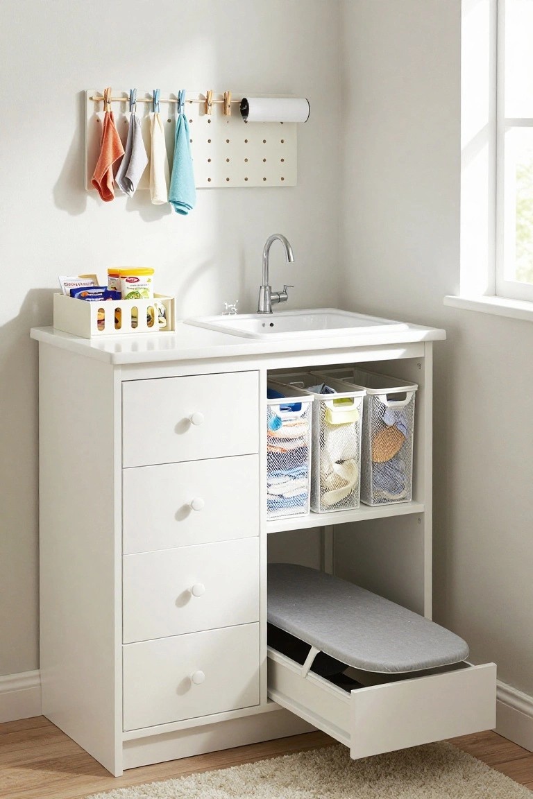 A white laundry cabinet with drawers on the left, open shelves holding mesh baskets of folded linens, a sink on top, and a gray pull-out ironing board extended from the bottom.