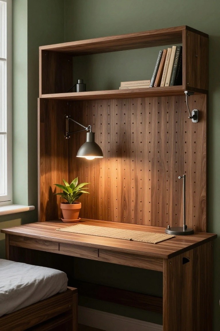 Wooden built-in desk with overhead open shelves, pegboard-backed wall panel, adjustable wall lamp, desk lamp, potted plant, woven placemat, and adjacent bed frame in a green-walled bedroom corner with a window.