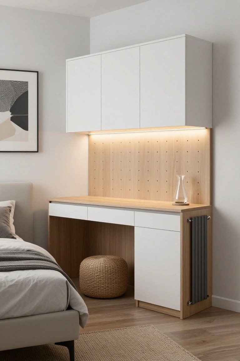 Modern bedroom desk with white cabinets, wood accents, and LED lighting.