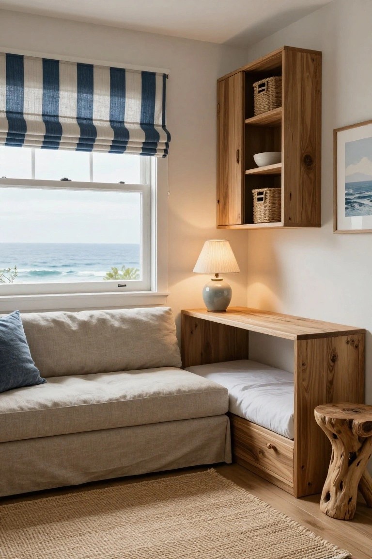 Small bedroom corner with light wooden built-in open shelves, bench with mattress and storage drawers, beige linen sofa, blue-striped roman shade on window overlooking ocean waves, ceramic lamp on shelf, and driftwood stool on seagrass rug.