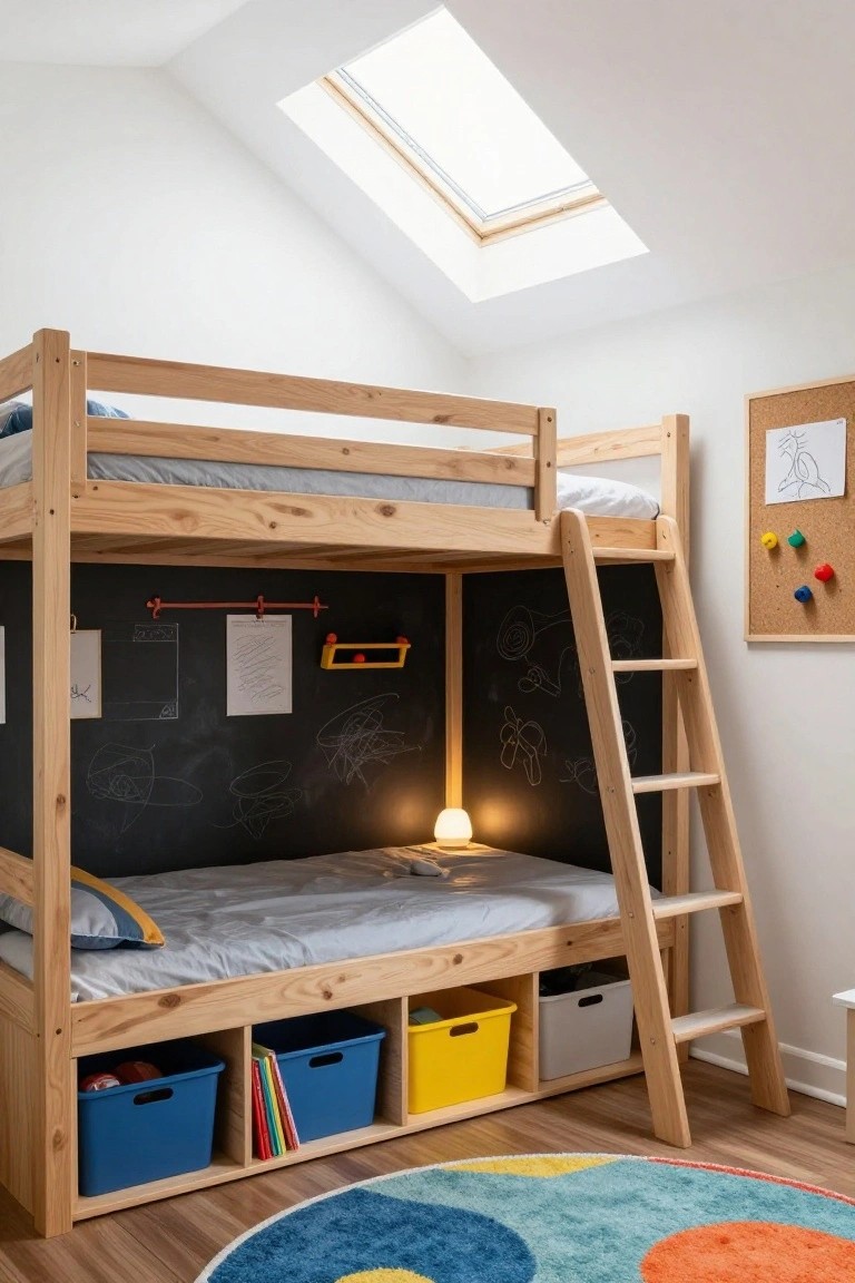 Wooden bunk bed in a small attic-style bedroom with built-in storage bins in blue, yellow, and white underneath the lower bunk, chalkboard wall with drawings, ladder on the right, and colorful circular rug on the floor.