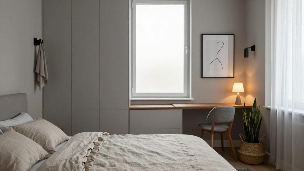 18 Clever Small Bedroom Ideas That Make Tight Spaces Feel Bigger Small bedroom with light oak platform bed featuring drawers underneath, gray tall wardrobe, built-in wooden desk by window with rattan chair, neutral linens, snake plant, and lamp on nightstand.