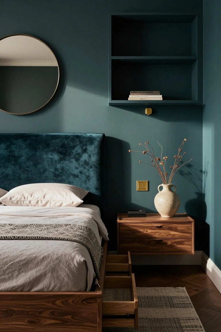 Teal bedroom wall with round gold mirror, built-in shelf holding stacked books, floating wooden nightstand with drawers and a vase of dried branches, teal velvet headboard on wooden bed frame with under drawers, white linens, and parquet floor.