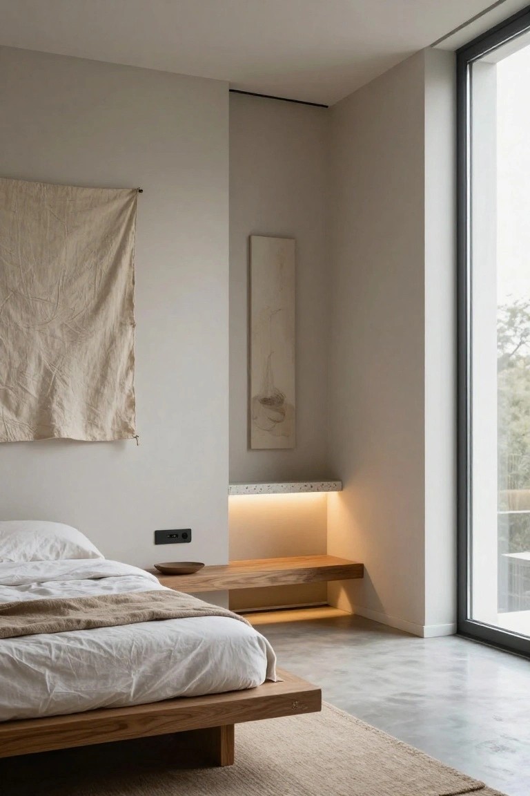 A minimalist bedroom with low oak platform bed, white linens and beige throw, next to floor-to-ceiling black-framed window wall overlooking trees, polished concrete floor, seagrass rug, beige linen wall hanging, vertical artwork, and floating wood bench with underlighting.