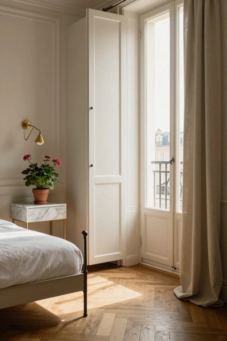 Small bedroom with low white metal bed, marble pedestal table holding potted red geranium, open white wardrobe doors, tall French doors partially open to balcony with beige linen curtain, gold wall lamp, and herringbone parquet floor in neutral tones.