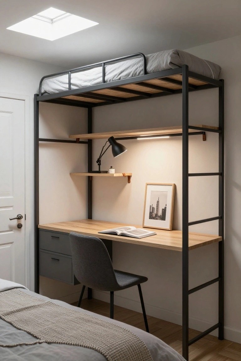 A small bedroom with a black metal loft bed holding gray bedding above a wooden desk with drawers and a gray chair, flanked by shelves, a desk lamp, and a framed photo on a white wall.