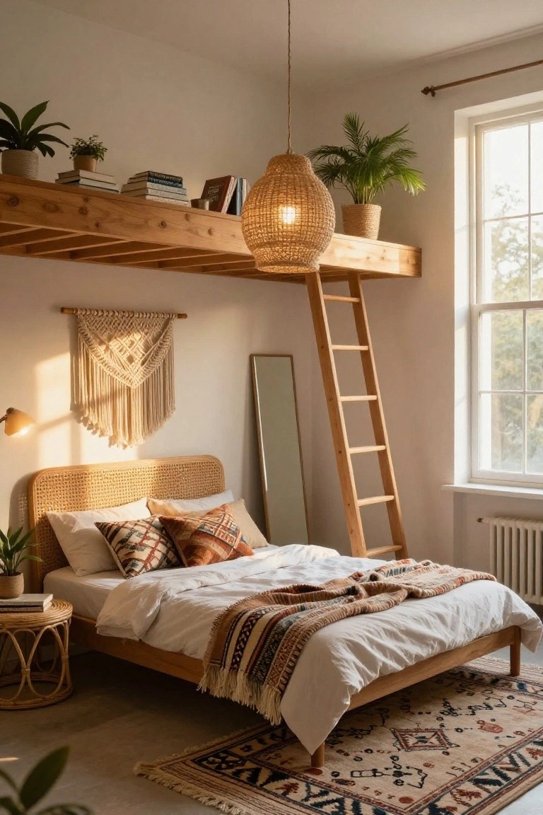 A small bedroom with a high wooden loft shelf accessed by a leaning ladder, rattan bed with white bedding and patterned throws, plants on shelves and floor, macrame wall hanging, and large window letting in natural light.