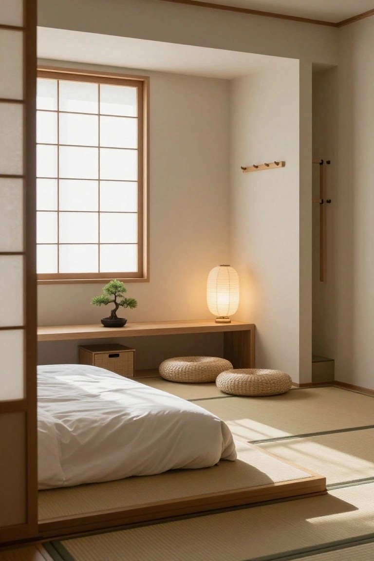 A minimalist bedroom with white futon on tatami mats, low wooden shelf holding bonsai tree and paper lantern lamp, cushions on floor, shoji screen door, and window with soft light.