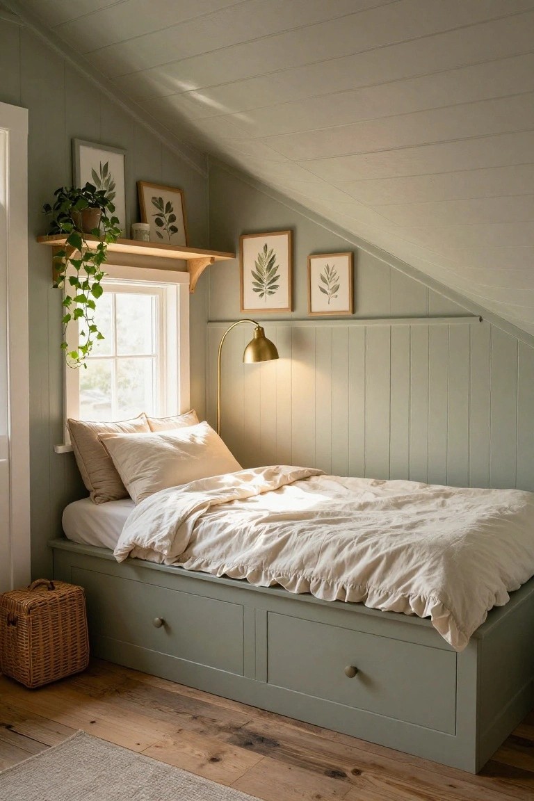Small attic bedroom with sage green painted walls and low platform bed frame featuring two storage drawers, under sloped ceiling next to window with ivy plant on wooden shelf, botanical art frames, arched floor lamp, and wicker basket on wood floor.