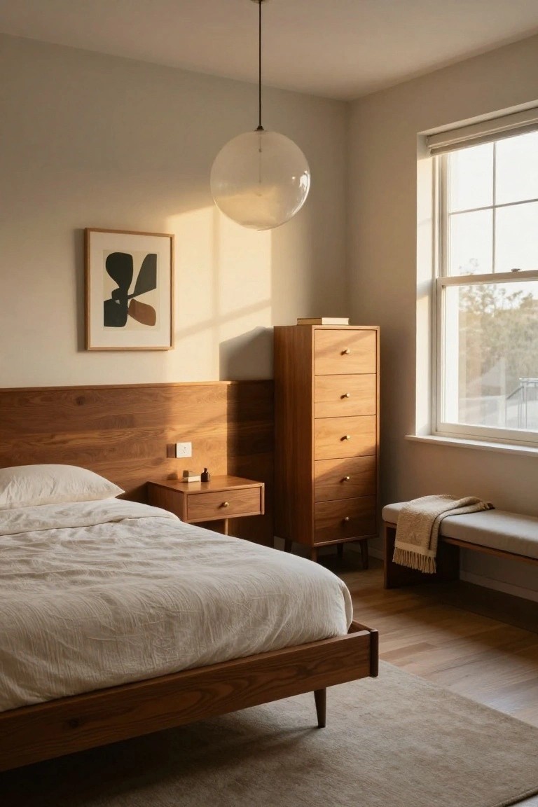 Bedroom corner with low wooden bed frame and white linens, matching wooden nightstand, tall narrow wooden dresser, large window with blinds, wooden bench with throw, and white glass pendant light.