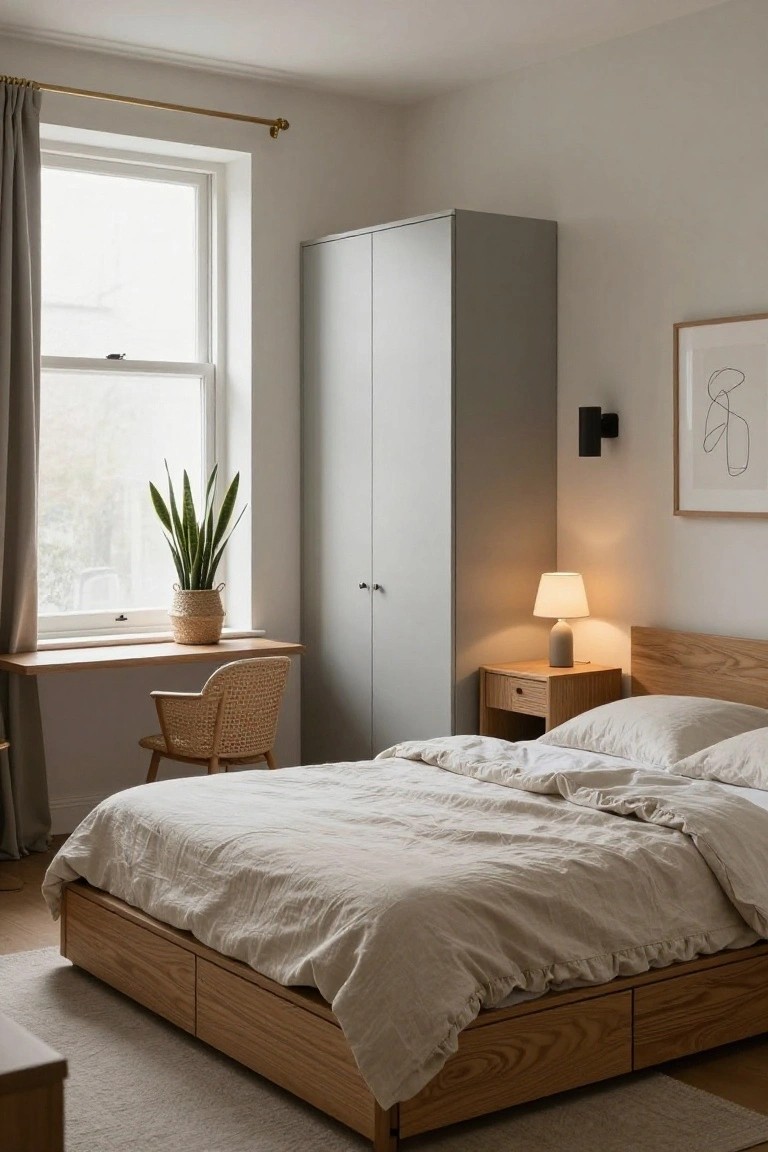 Small bedroom with light oak platform bed featuring drawers underneath, gray tall wardrobe, built-in wooden desk by window with rattan chair, neutral linens, snake plant, and lamp on nightstand.
