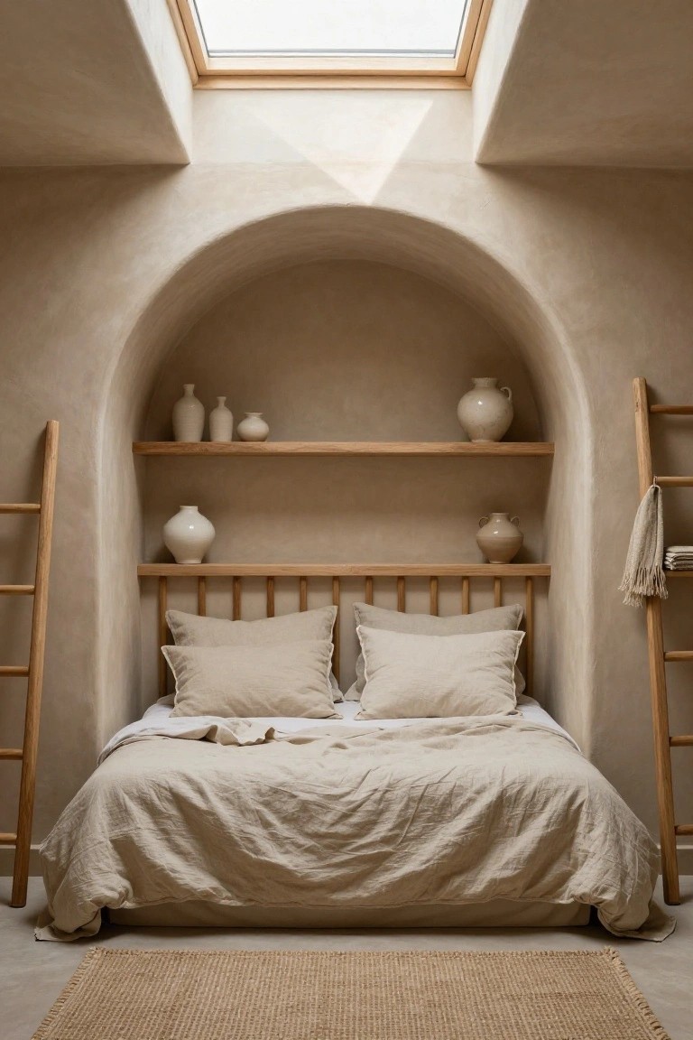 Small bedroom featuring a bed in a beige arched plaster wall niche with wooden shelves holding white ceramics, wooden ladders on both sides, neutral linens, seagrass rug on floor, and skylight in ceiling.