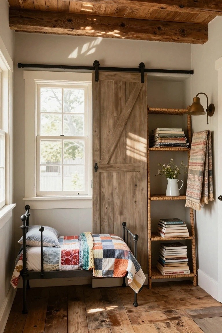 Small bedroom alcove with partially open wooden sliding barn door, black iron bed draped in colorful patchwork quilt, adjacent rattan shelving unit holding stacked books folded textiles and vase of flowers, window with view of trees and hardwood plank floor.