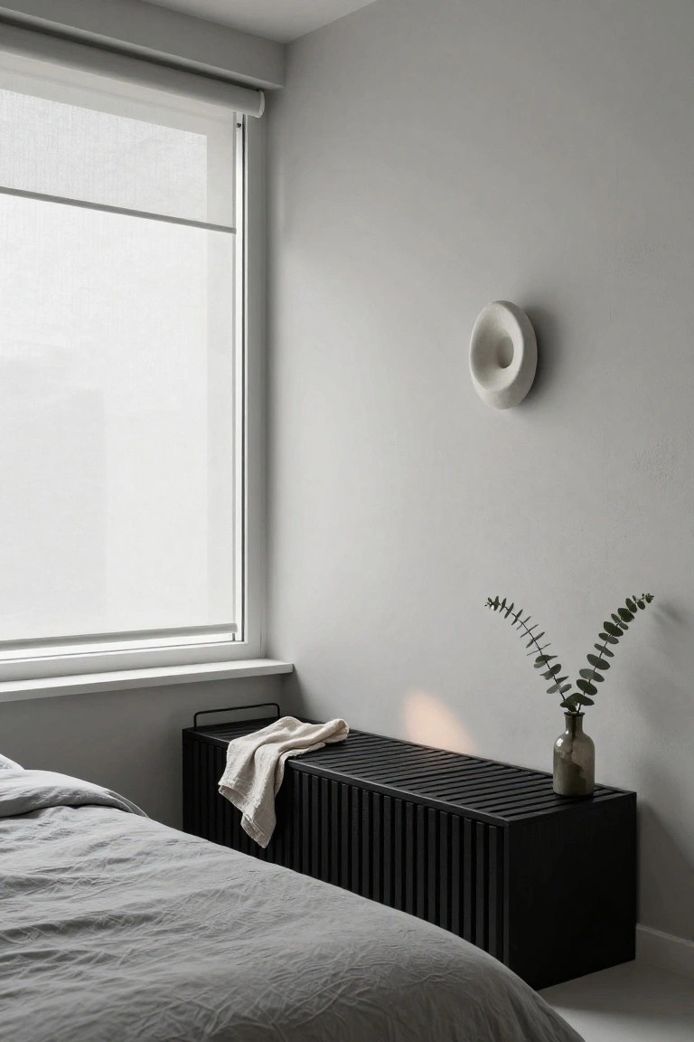 Minimalist bedroom with a black slatted bench, eucalyptus vase, and white wall decor.