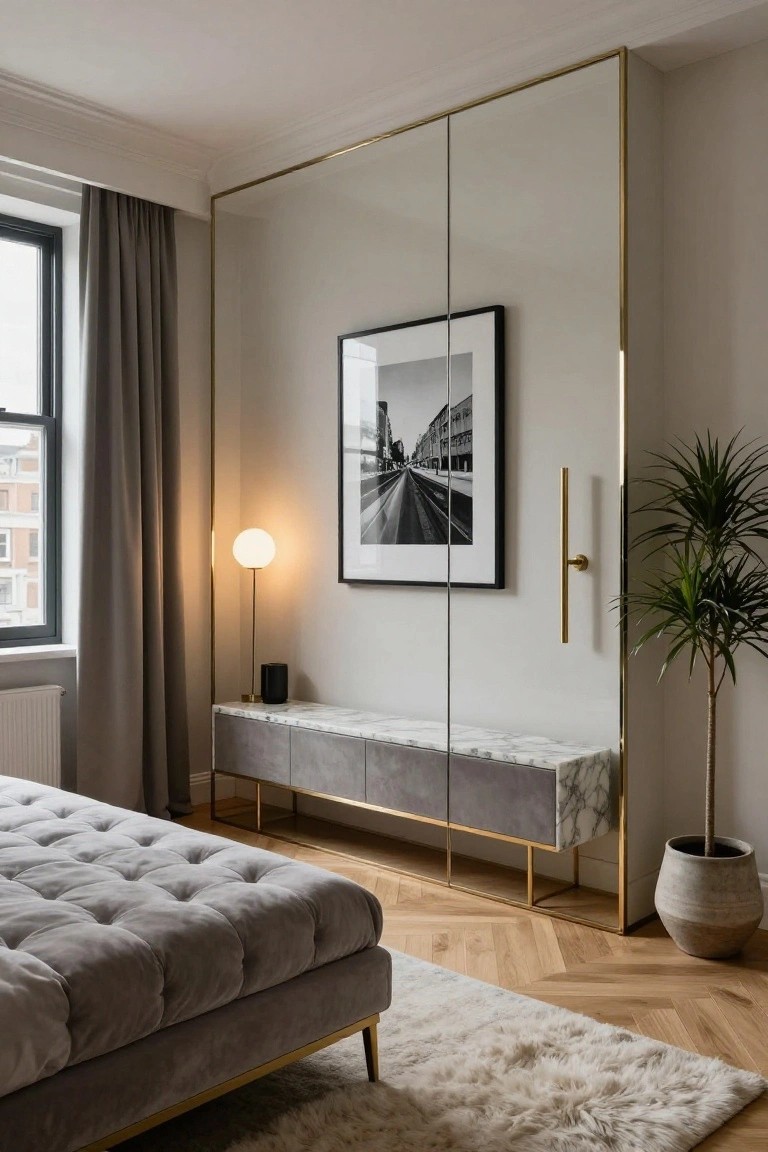 Modern bedroom with tall gold-framed mirrored wardrobe doors, gray velvet tufted bed on gold legs, marble-top gray bench, potted palm plant, white globe floor lamp, black picture frame on wall, and window with gray curtains.