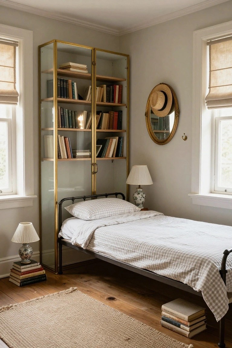 A small bedroom corner with a tall gold metal bookcase featuring glass doors filled with books on multiple shelves, a single iron bed with white checkered bedding, two porcelain lamps on the floor, stacks of books nearby, and a seagrass rug on wood floors.