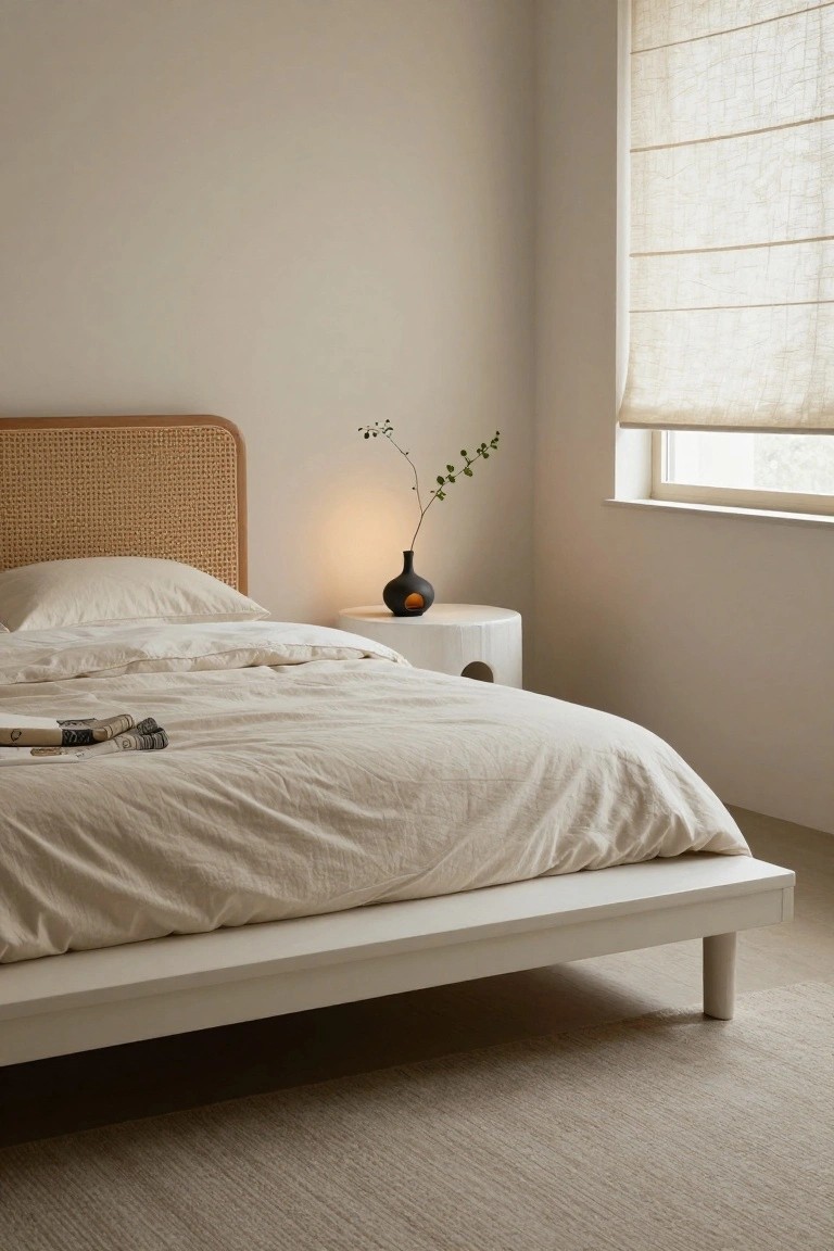 A bedroom with a white platform bed dressed in off-white linens and a round white bedside table holding a small black vase with a few branches.