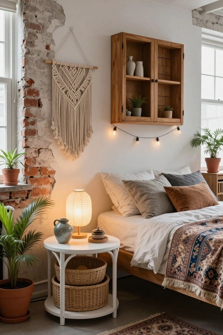 A round white bedside table with a lit paper lamp and two woven baskets on the lower shelf sits next to a bed with neutral pillows and linens.