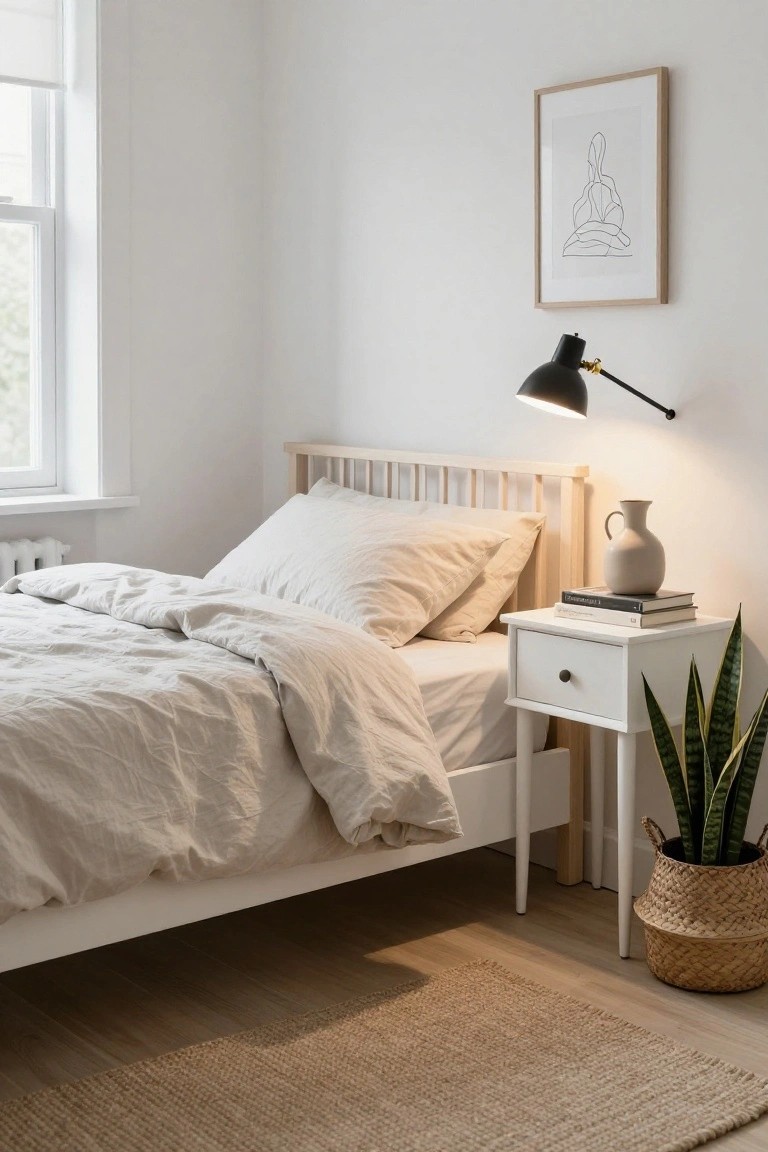 A minimalist bedroom with a white bed, rumpled white linens, a white nightstand with a drawer, and a black wall lamp above it.