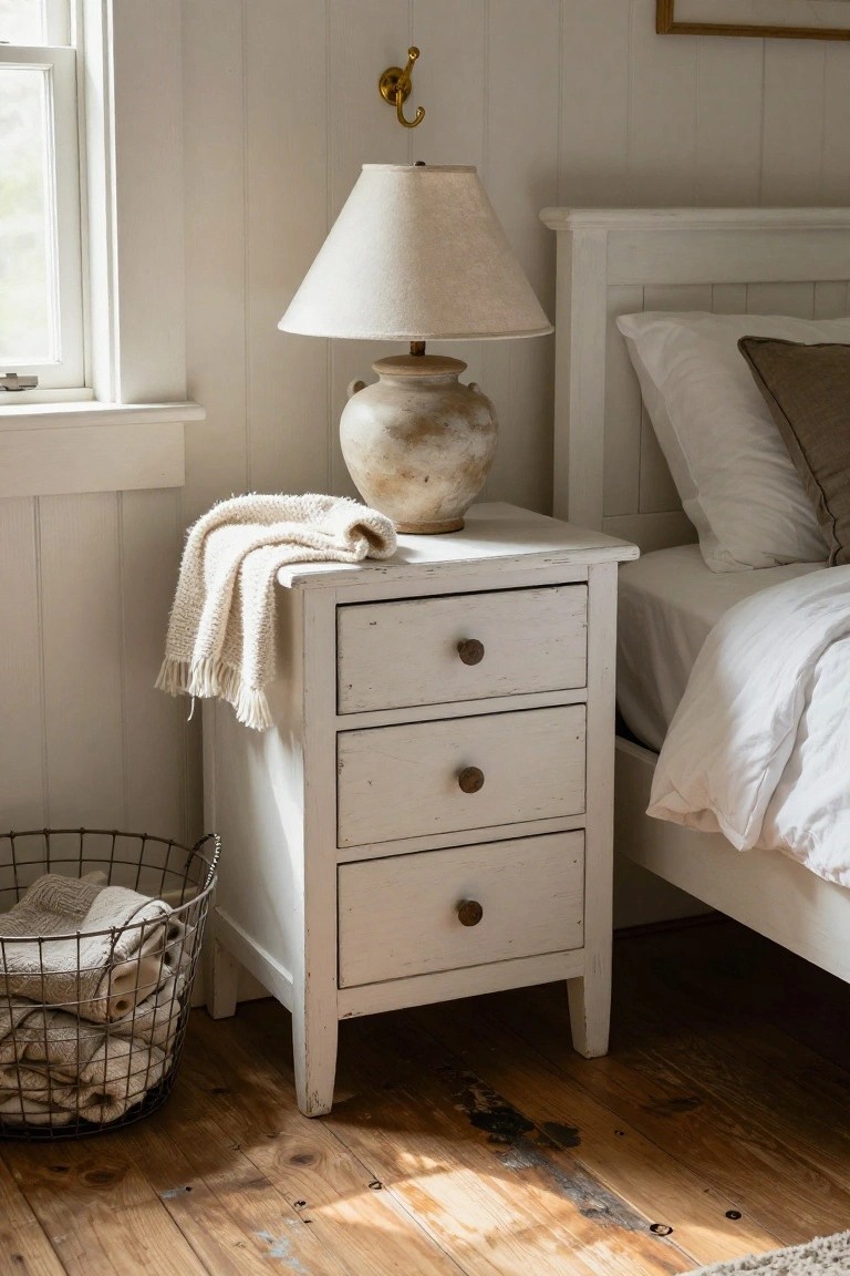 White nightstand with lamp, blanket, and wire basket in bright bedroom.