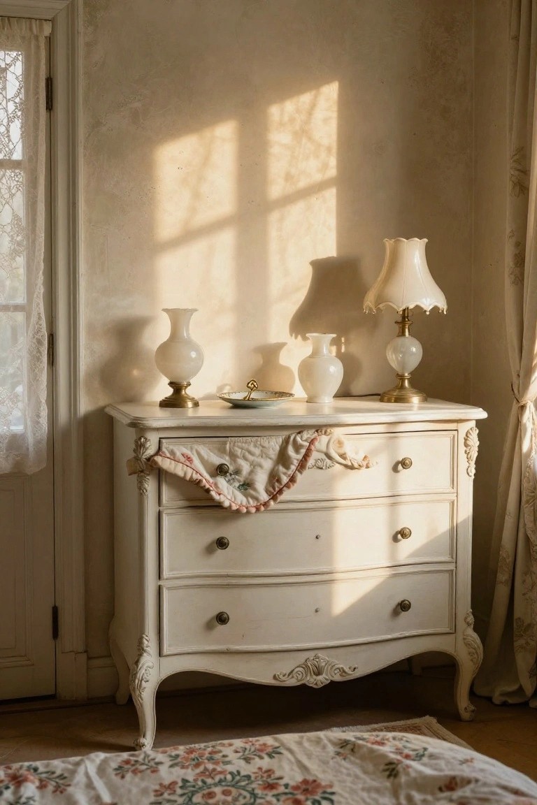 A white vintage chest of drawers with three drawers and ornate details sits beside a bed in a sunlit room, topped with white vases and a lamp.