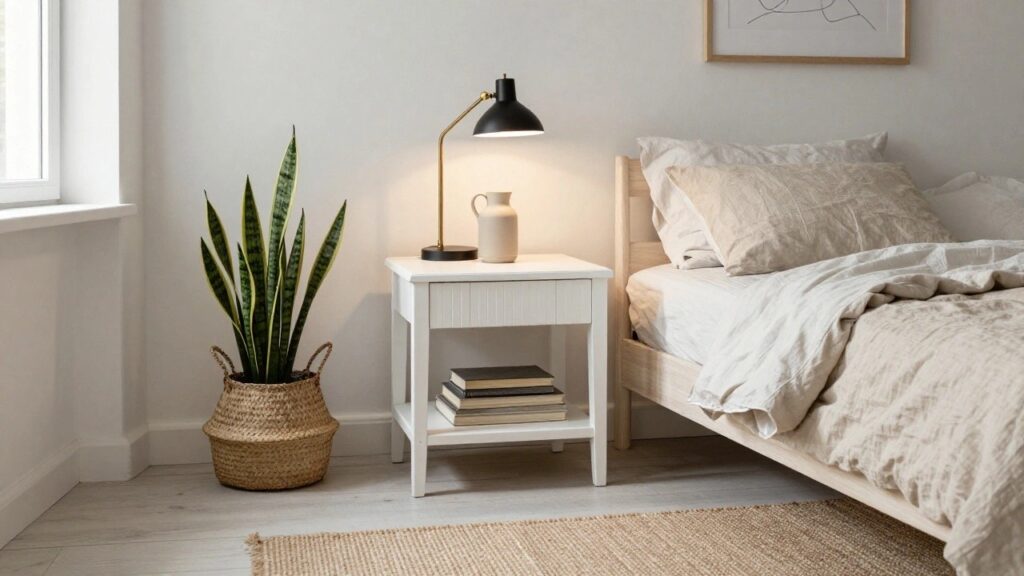 A minimalist bedroom with a white bed, rumpled white linens, a white nightstand with a drawer, and a black wall lamp above it.