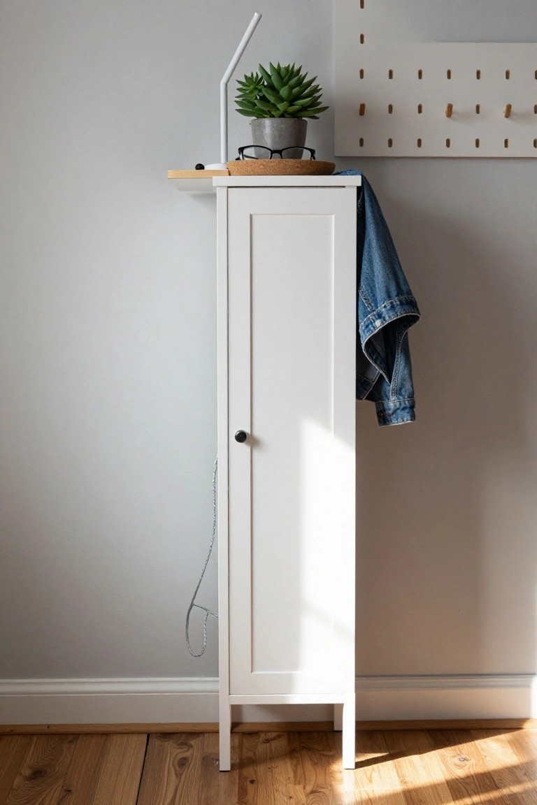White cabinet with plant, glasses, and denim jacket on wooden floor.