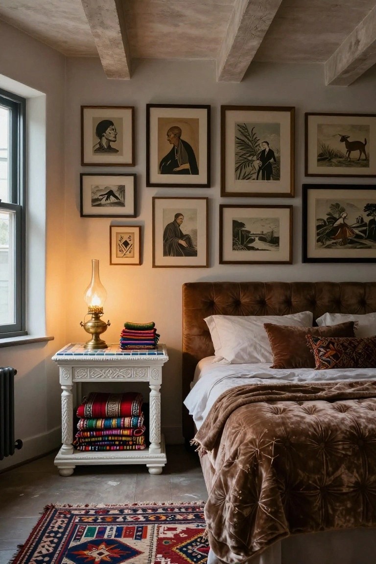 Cozy bedroom with tufted brown velvet bed, gallery wall, oil lamp, and patterned rugs.