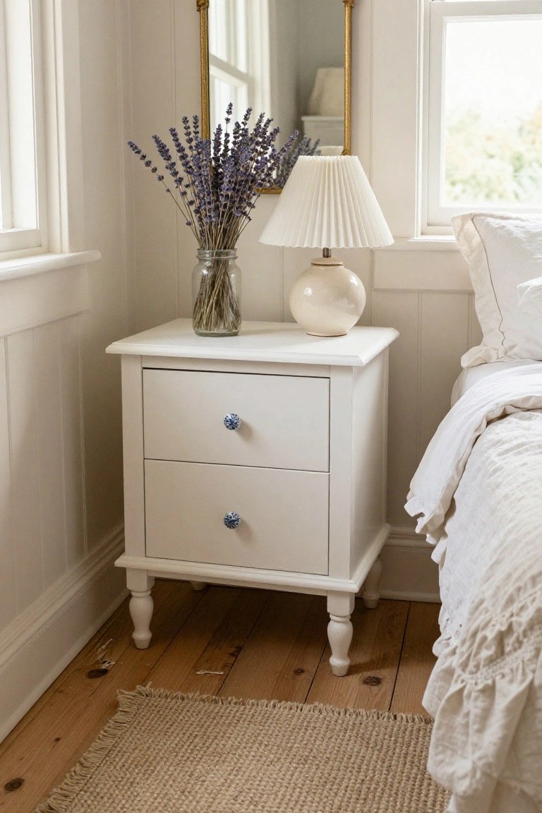White nightstand with lavender bouquet and lamp beside bed.