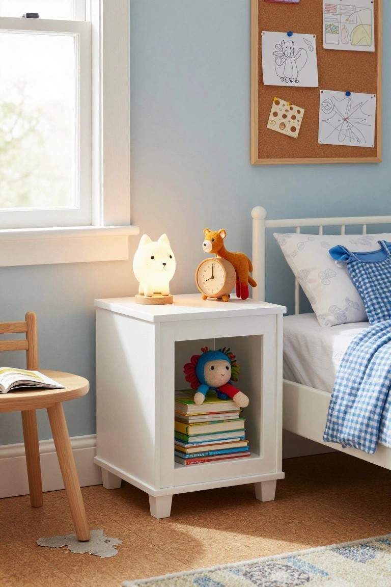 Children's white nightstand with glowing cat lamp, horse clock, and stuffed toys.