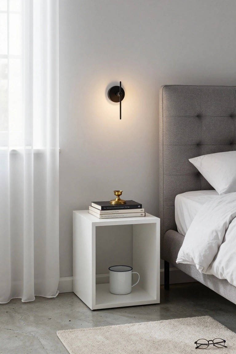 Minimalist bedroom with white cube nightstand, wall sconce, and gray bed.