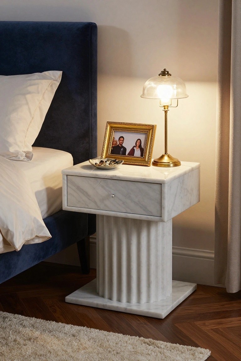 Marble nightstand with lamp, gold photo frame, and blue velvet bed.