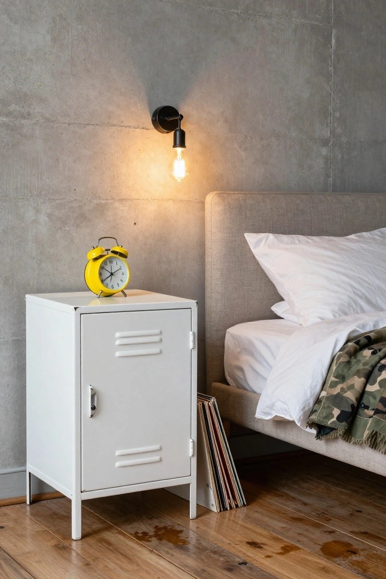 A white metal cabinet with a yellow alarm clock on top is placed next to a bed with white bedding.