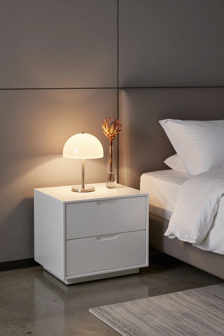 White nightstand with glowing lamp and dried flower beside bed.