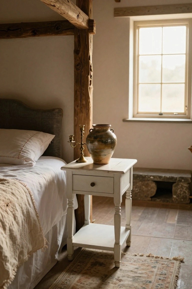 A white wooden bedside table with a drawer and lower shelf stands next to a bed, holding a brass candlestick and a ceramic vase, in a bedroom with exposed wooden beams.