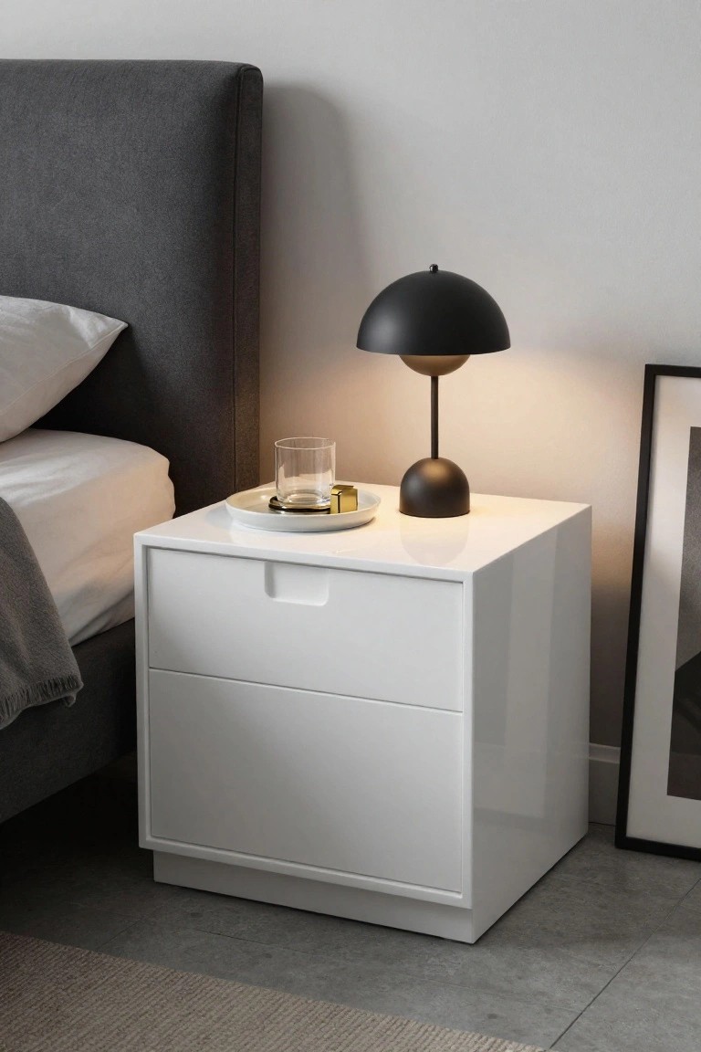 A white glossy bedside table with two drawers sits next to a gray upholstered bed, holding a black lamp and a glass on a tray.