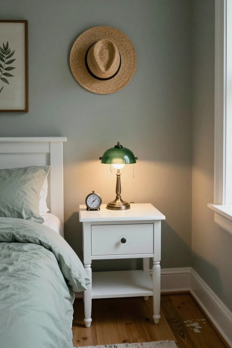 A white bedside table with one drawer and an open lower shelf stands next to a bed, topped with a lit green lamp and a small clock.