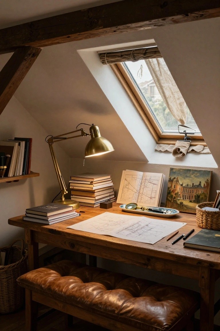 Attic office interior with exposed wooden beams, sloped white ceiling featuring a skylight, wooden desk holding stacked books, open maps, brass lamp, magnifying glass, and paintings on shelves nearby, plus a leather bench underneath.