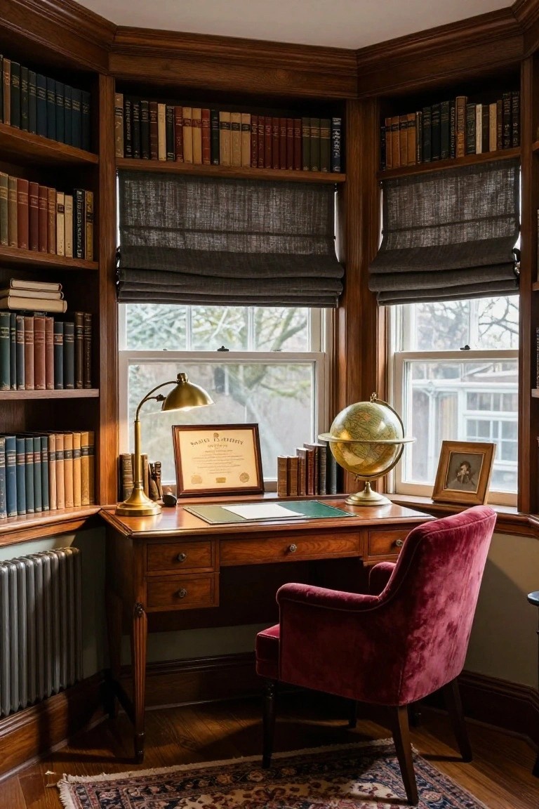 Cozy office in a bay window corner with dark wood built-in bookshelves filled with books, wooden desk topped with brass lamp and globe, red velvet armchair, and windows showing trees outside.