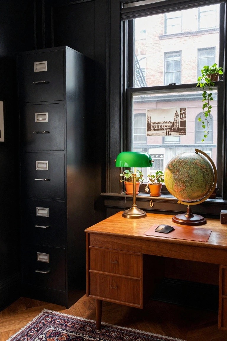 Dark interior office room featuring a tall black metal filing cabinet next to a wooden desk, a green banker's lamp, a vintage globe on the windowsill with small plants, and a city view through the window.