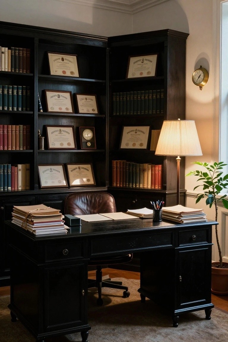 Dark wood bookshelves in a home office displaying multiple framed diplomas and certificates alongside leather-bound books, with a black desk, leather chair, lamp, wall clock, and potted plant nearby.
