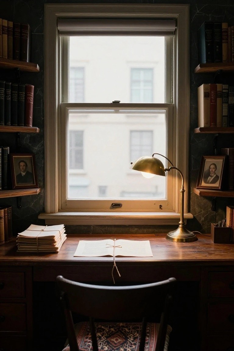 Wooden desk with stacks of tied papers and an open ledger book sits before a large window with rolled-up blind, lit by a brass gooseneck lamp, bookshelves and framed portraits on dark green walls.