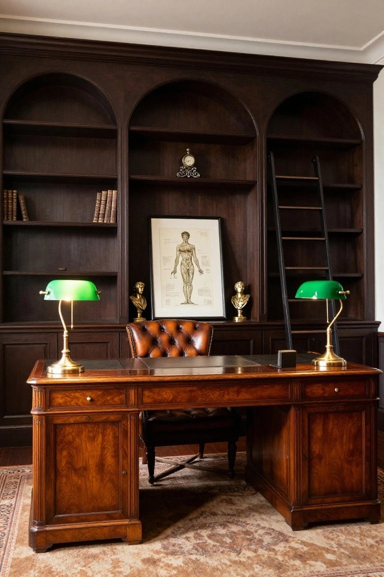 Dark wood paneled office room with tall arched bookcases, wooden desk, tufted leather chair, green banker's lamps, gold statues, anatomical print, and library ladder.