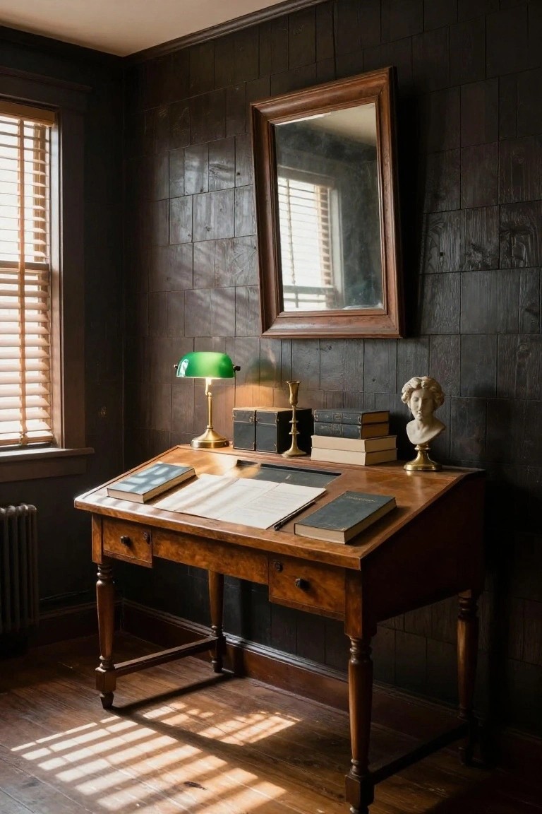Dark-paneled office interior with wooden slant-top desk, green banker's lamp, open books, plaster bust on pedestal, wooden boxes, candlestick, and framed mirror beside window with blinds.