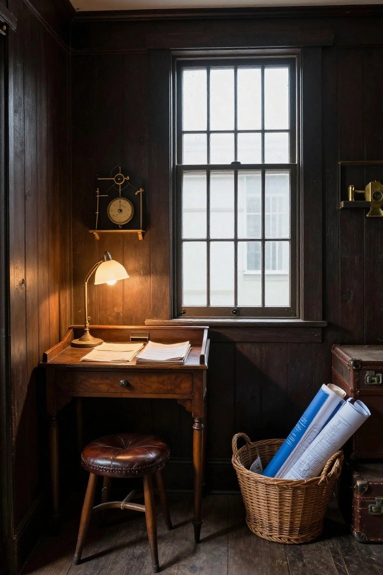 Dark wood-paneled corner office with wooden desk holding papers, leather-topped stool, desk lamp, wall clock, window, basket of rolled blueprints, and leather trunk on wooden floor.