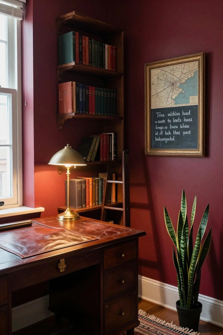 Home office with deep burgundy walls, tall wooden bookshelves filled with books, brass desk lamp, leather-topped wooden desk, wooden ladder, framed map on wall, and potted snake plant in corner.