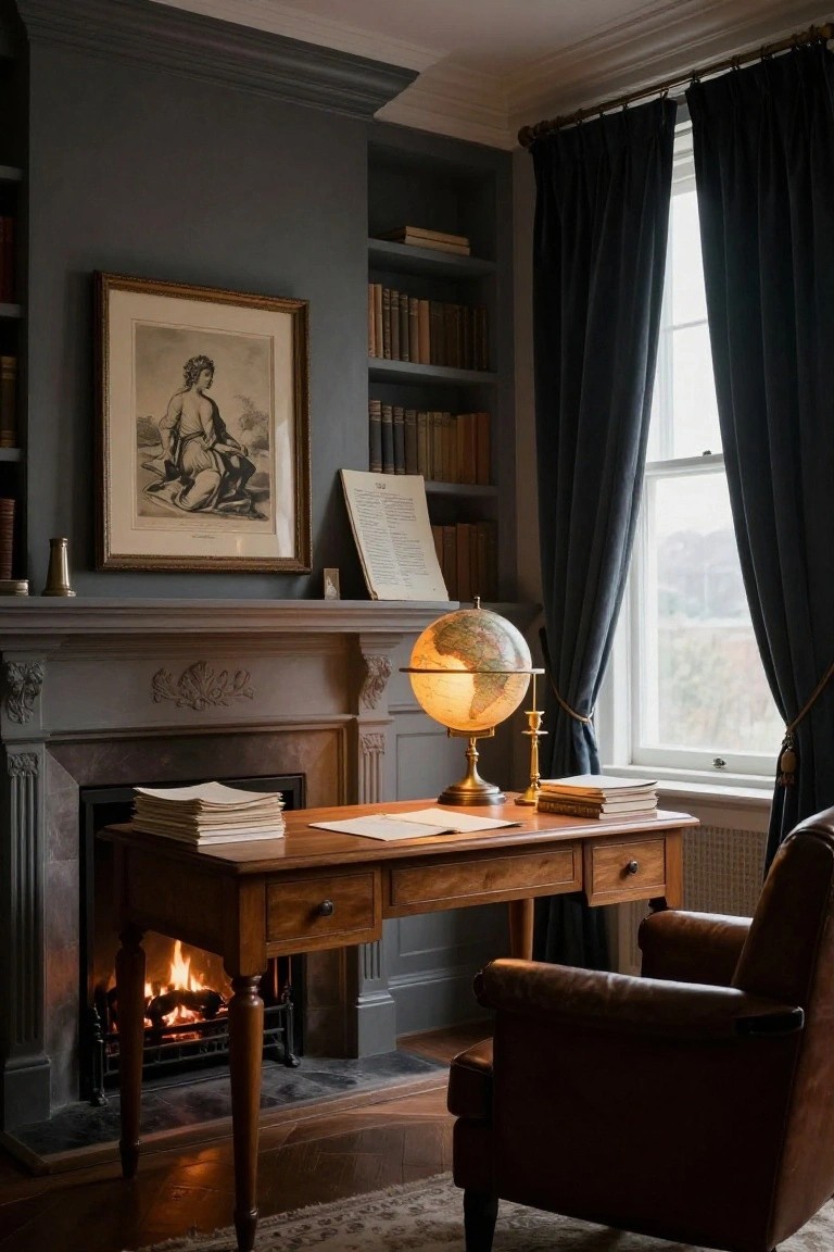 Dark gray paneled office interior with wooden desk positioned beside a lit fireplace, antique globe on the desk, leather armchair, bookshelves, and a framed artwork on the wall.