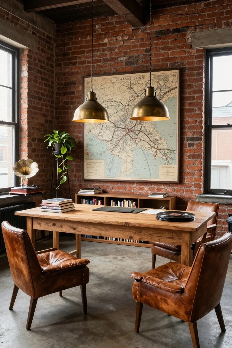 Home office interior with exposed red brick walls, wooden desk topped with books and vinyl records, two tan leather armchairs, bookshelves, brass pendant lights, potted plant, gramophone, and large vintage map on the wall.