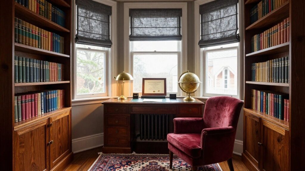 Cozy office in a bay window corner with dark wood built-in bookshelves filled with books, wooden desk topped with brass lamp and globe, red velvet armchair, and windows showing trees outside.